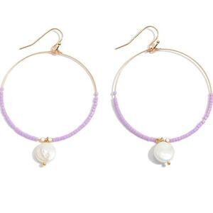 Seed Beaded Circular Drop Earrings with Pearl Accent – Purple & Gold